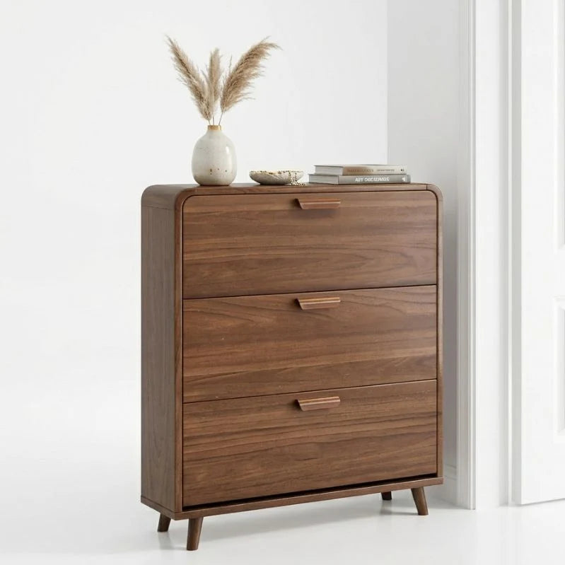 Wooden Shoe Rack Cabinet 140cm Cream with Louvre Doors | Wide 3 Tier Shoe Cabinet with Flip Down Doors for Families, 35cm Deep