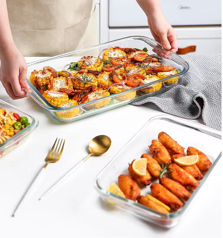 2PCS Rectangular Borosilicate Glass Bakeware Set with Free Oven Mitts Oven Safe Baking Pans