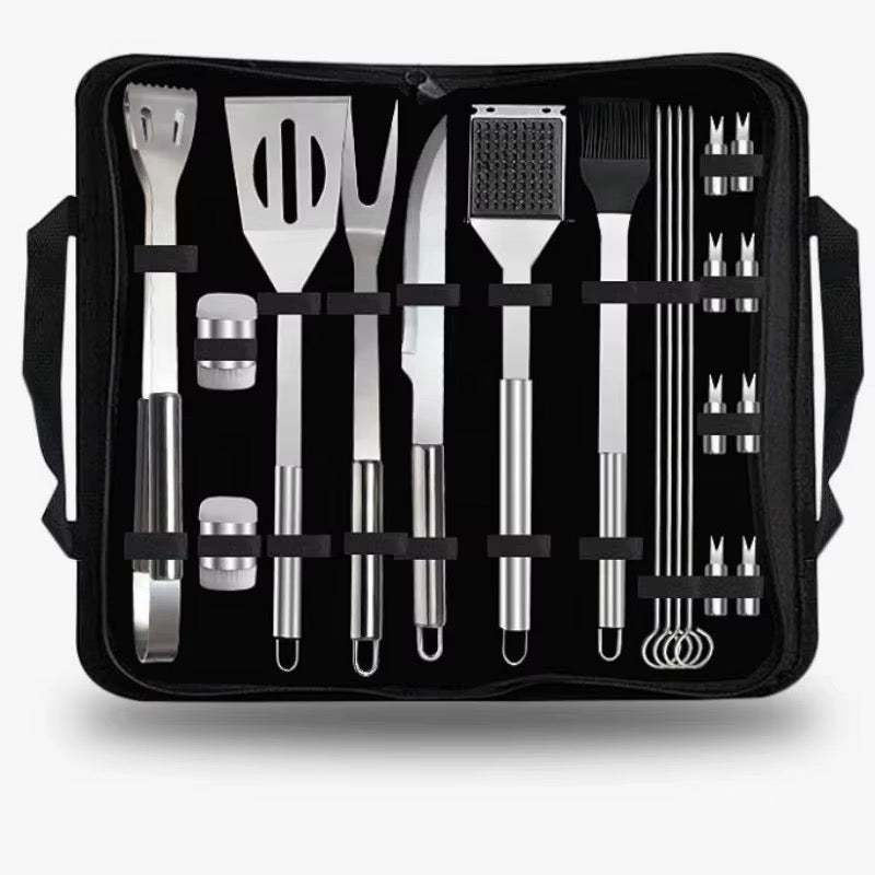 BBQ Grill Tool Set 20 Piece Stainless Steel with Storage Bag | Nyama Choma Tools, Tongs, Spatula, Fork, Brushes and Skewers, Grilling Accessories Gift Set