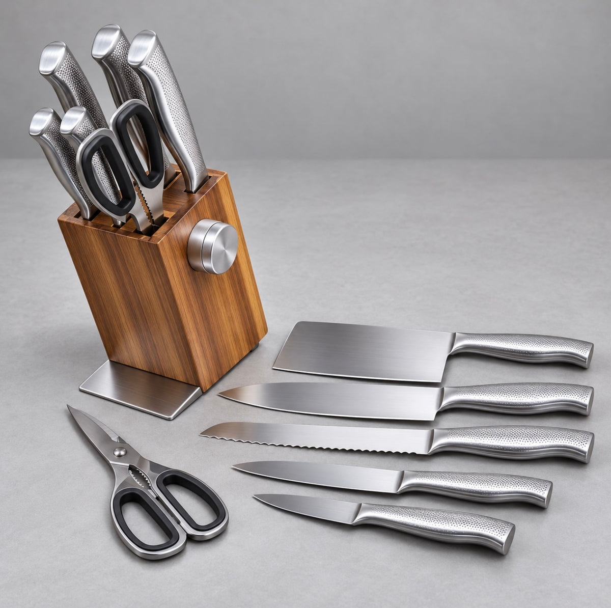 Knife Set 8 Piece with Wooden Block and Sharpening Steel, Hollow Handle Stainless Steel | Chef, Bread, Cleaver, Utility and Paring Knives with Scissors