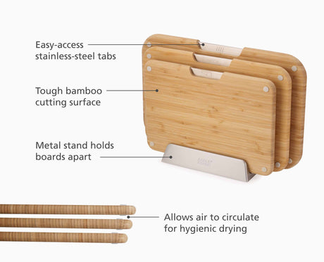 Joseph Joseph Nest Boards Bamboo 3 piece chopping board set with stand product information graphic, Homelux Kenya