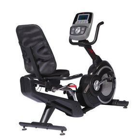 JX-170r semi-commercial magnetic recumbent bike with contoured seat, tablet bracket and dual-colour LCD