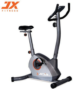 JX-7050 upright magnetic exercise bike in silver and black with 3.5-inch LCD window