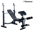 JX-764 commercial weights bench with barbell stands, bicep pad and leg extension attachment