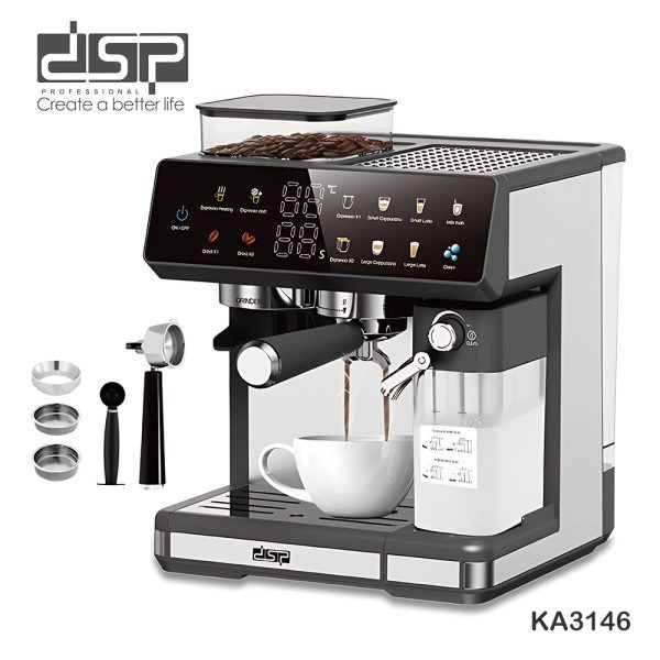 DSP 3-in-1 Fully Automatic Espresso Machine – Built-in Grinder, Milk Frother & One-Touch Cappuccino Stainless Steel Coffee Maker