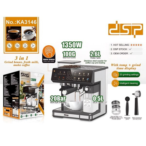 DSP 3-in-1 Fully Automatic Espresso Machine – Built-in Grinder, Milk Frother & One-Touch Cappuccino Stainless Steel Coffee Maker