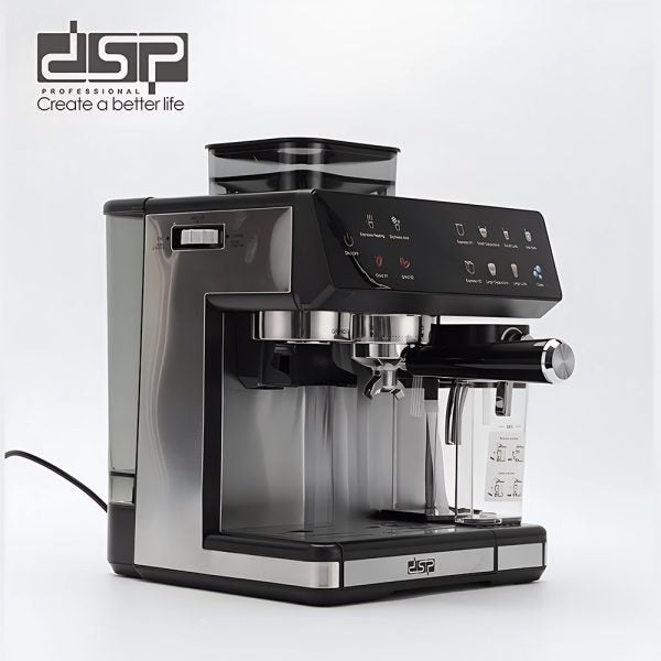 DSP 3-in-1 Fully Automatic Espresso Machine – Built-in Grinder, Milk Frother & One-Touch Cappuccino Stainless Steel Coffee Maker