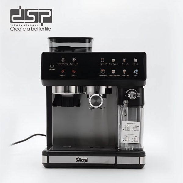 DSP 3-in-1 Fully Automatic Espresso Machine – Built-in Grinder, Milk Frother & One-Touch Cappuccino Stainless Steel Coffee Maker