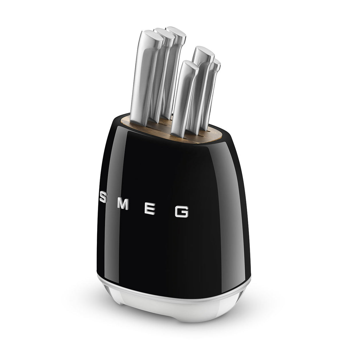 SMEG Knife Block Set 6 Piece – Luxury Stainless Steel Kitchen Knife Set with Acacia Wood Block, Chef, Santoku, Bread & Utility Knives