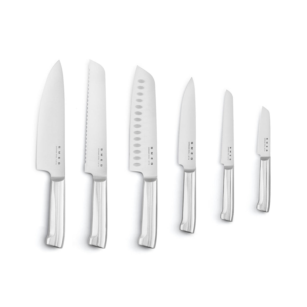 SMEG Knife Block Set 6 Piece – Luxury Stainless Steel Kitchen Knife Set with Acacia Wood Block, Chef, Santoku, Bread & Utility Knives