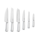 SMEG Knife Block Set 6 Piece – Luxury Stainless Steel Kitchen Knife Set with Acacia Wood Block, Chef, Santoku, Bread & Utility Knives