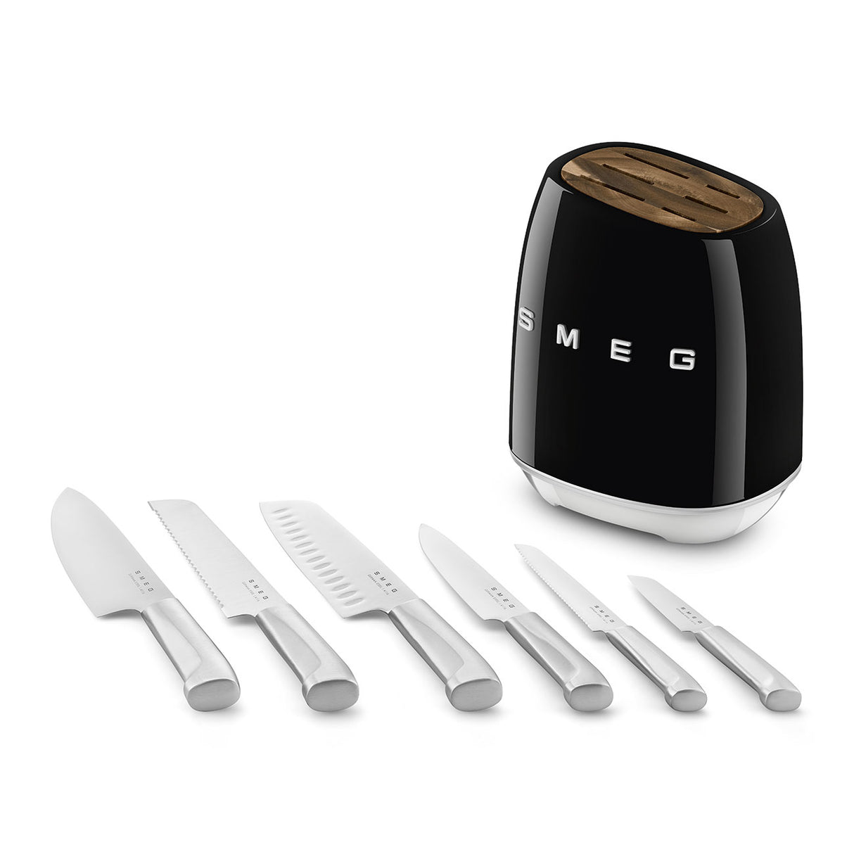 SMEG Knife Block Set 6 Piece – Luxury Stainless Steel Kitchen Knife Set with Acacia Wood Block, Chef, Santoku, Bread & Utility Knives
