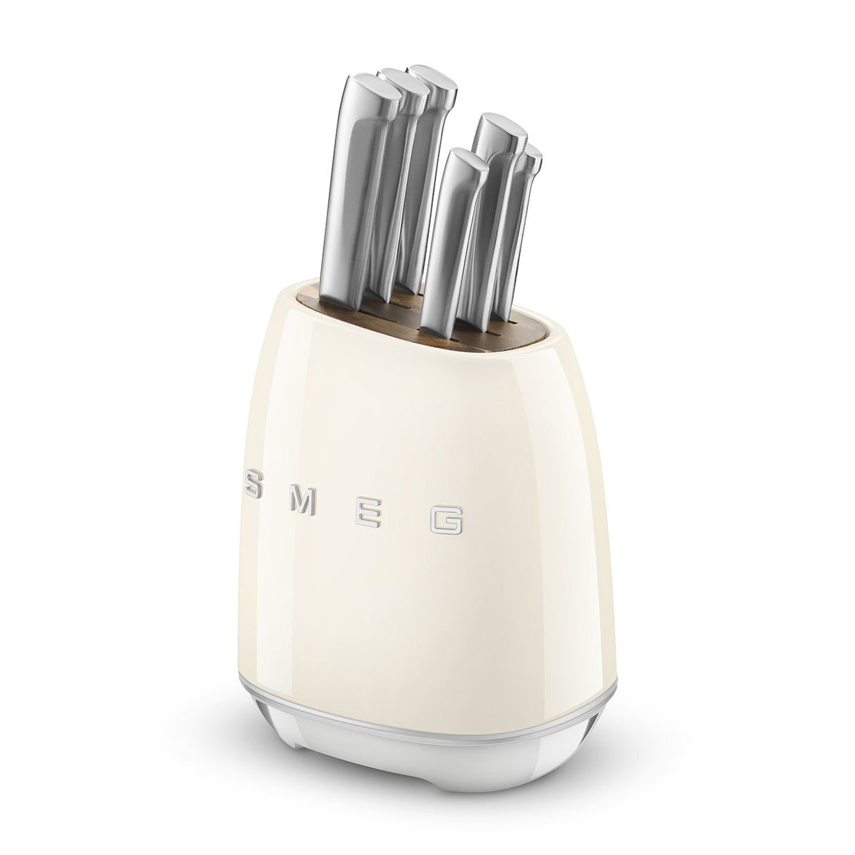 SMEG Knife Block Set 6 Piece – Luxury Stainless Steel Kitchen Knife Set with Acacia Wood Block, Chef, Santoku, Bread & Utility Knives