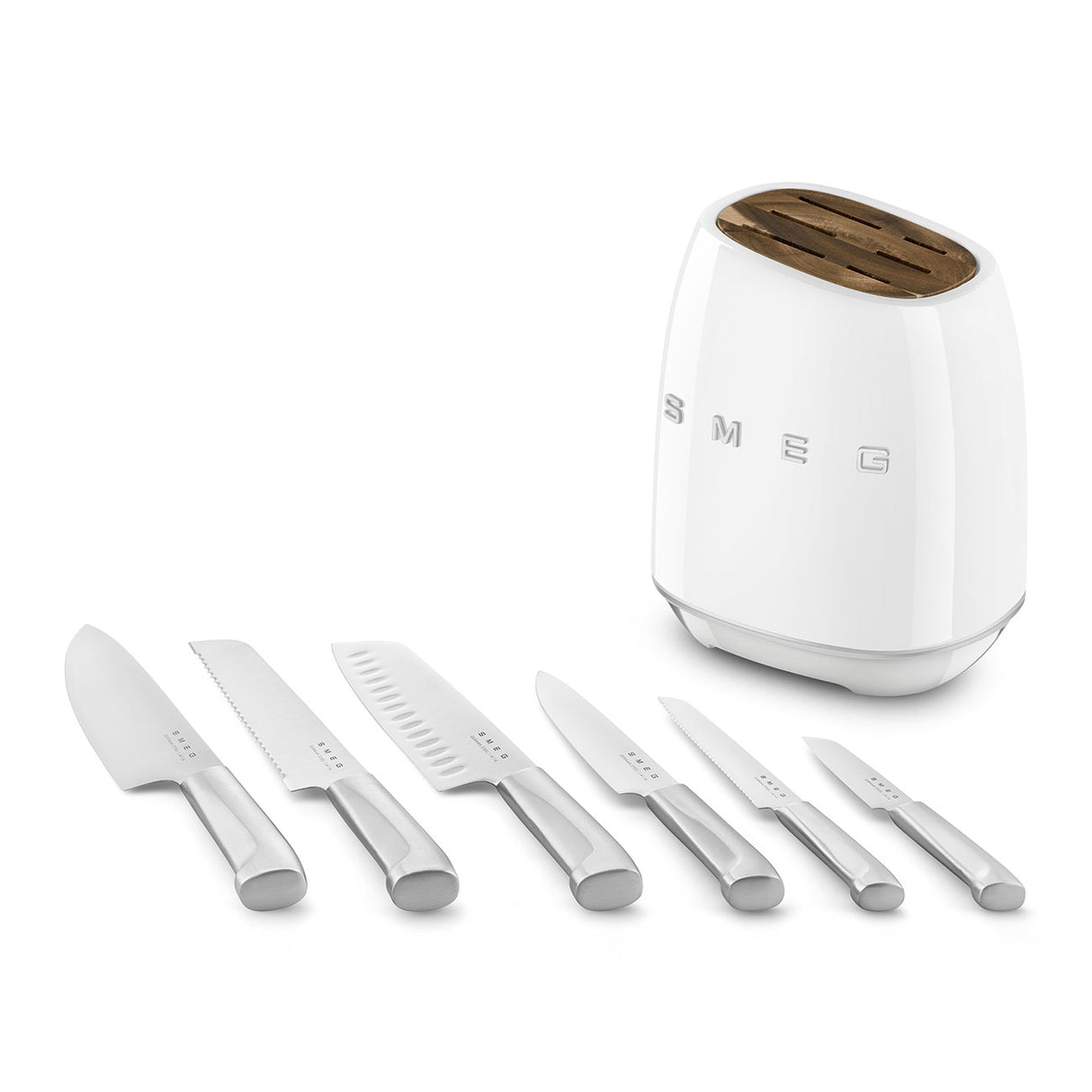 SMEG Knife Block Set 6 Piece – Luxury Stainless Steel Kitchen Knife Set with Acacia Wood Block, Chef, Santoku, Bread & Utility Knives