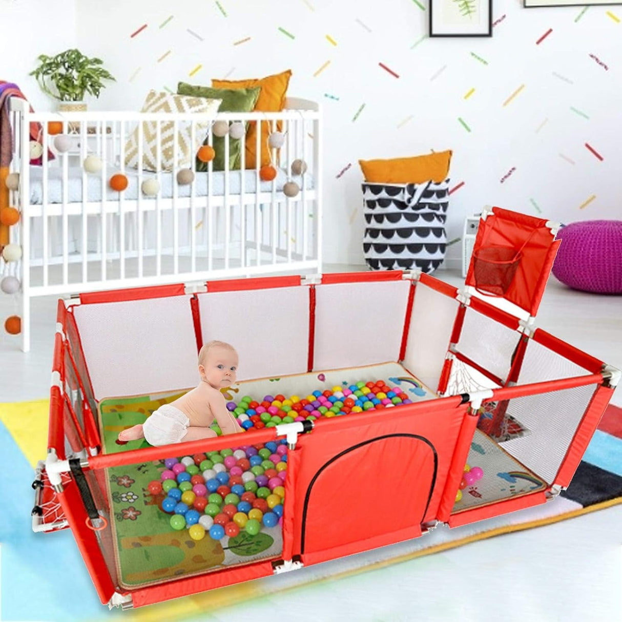 Portable Baby Ball Pit Tent Playpen Play Fence Baby Playpen with Basketball Hoop