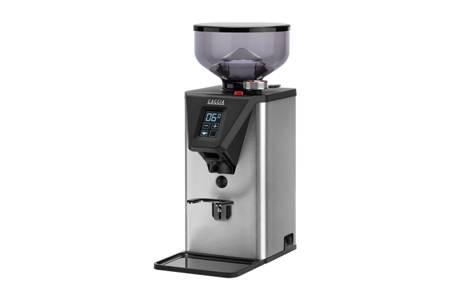 Gaggia MDF 55 premium coffee grinder, three-quarter view on a white background