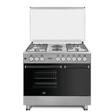 MIKA Standing Cooker 90cm x 60cm, 4 Gas Pool Jet Burners + 2 RAPID Hot Plates, Auto Ignition, 4 Function Electric Oven, GAS CYLINDER CABINET, Rotisserie, S.S Hob, Silver Body MST90PU42SLGC4