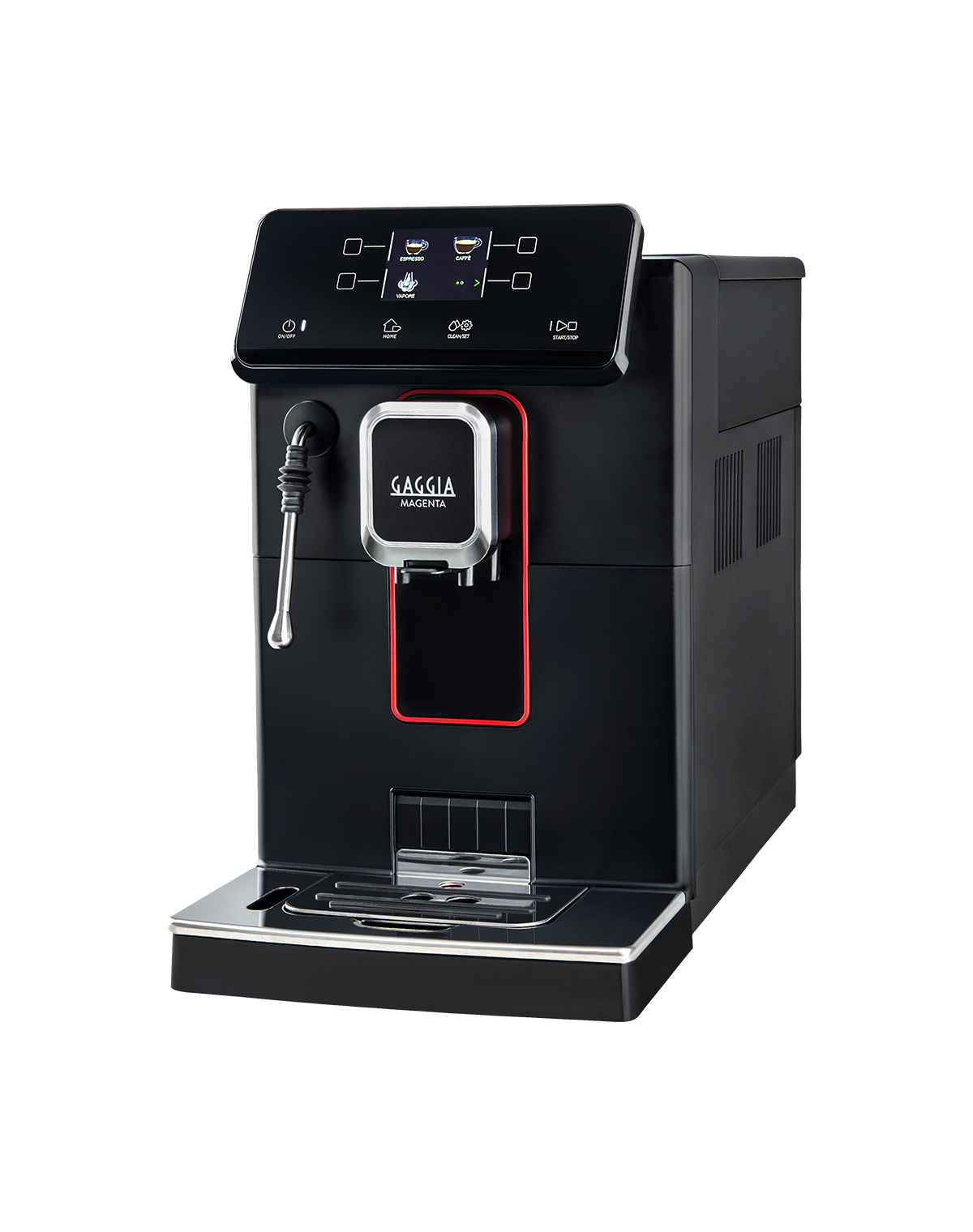 Gaggia Magenta Plus black bean to cup coffee machine with professional steam wand, front view on a plain background