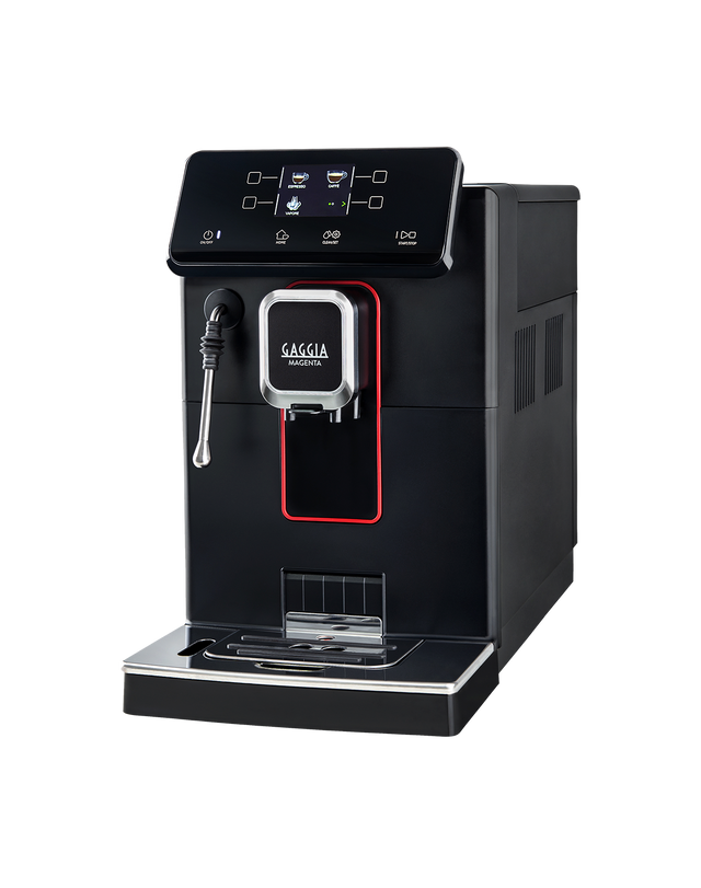 Gaggia Magenta Plus black bean to cup coffee machine with professional steam wand, front view on a plain background
