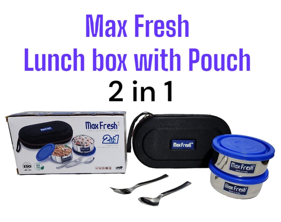 Max fresh Stainless Steel Lunch Box with Pouch Free Spoon and Fork 2in1  Size 10.5cm