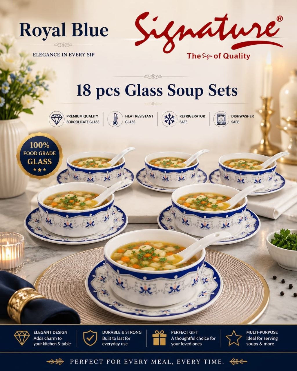 Signature 18-Piece Glass Soup Set - Royal Blue