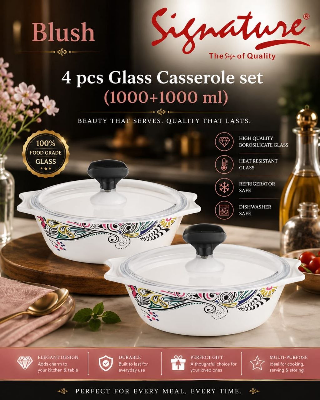 Signature 4-Piece Glass Casserole Set – 1000+1000 ml Borosilicate, Oven & Freezer Safe - Blush