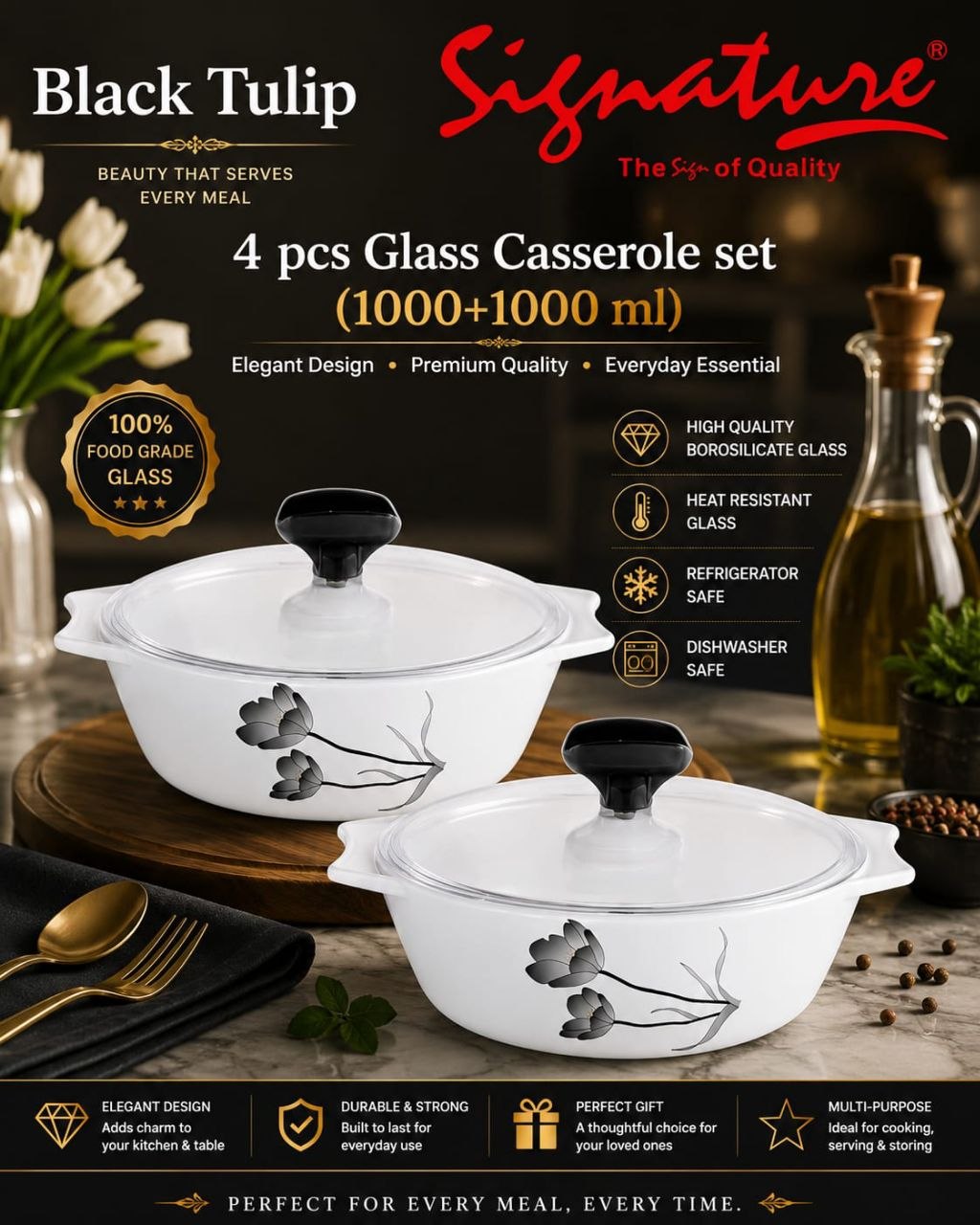 Signature 4-Piece Glass Casserole Set – 1000+1000 ml Borosilicate, Oven & Freezer Safe - Black Tulip