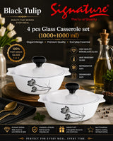 Signature 4-Piece Glass Casserole Set – 1000+1000 ml Borosilicate, Oven & Freezer Safe - Black Tulip
