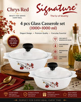 Signature 4-Piece Glass Casserole Set – 1000+1000 ml Borosilicate, Oven & Freezer Safe - Chrys Red