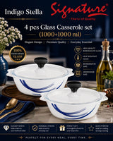 Signature 4-Piece Glass Casserole Set – 1000+1000 ml Borosilicate, Oven & Freezer Safe - Indigo Stella