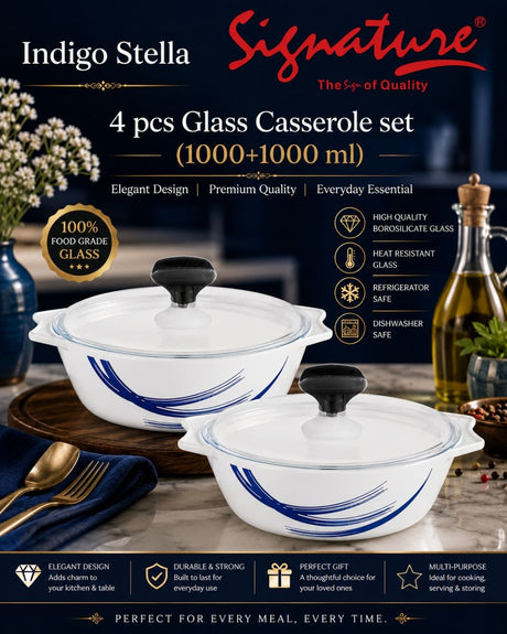 Signature 4-Piece Glass Casserole Set – 1000+1000 ml Borosilicate, Oven & Freezer Safe - Indigo Stella