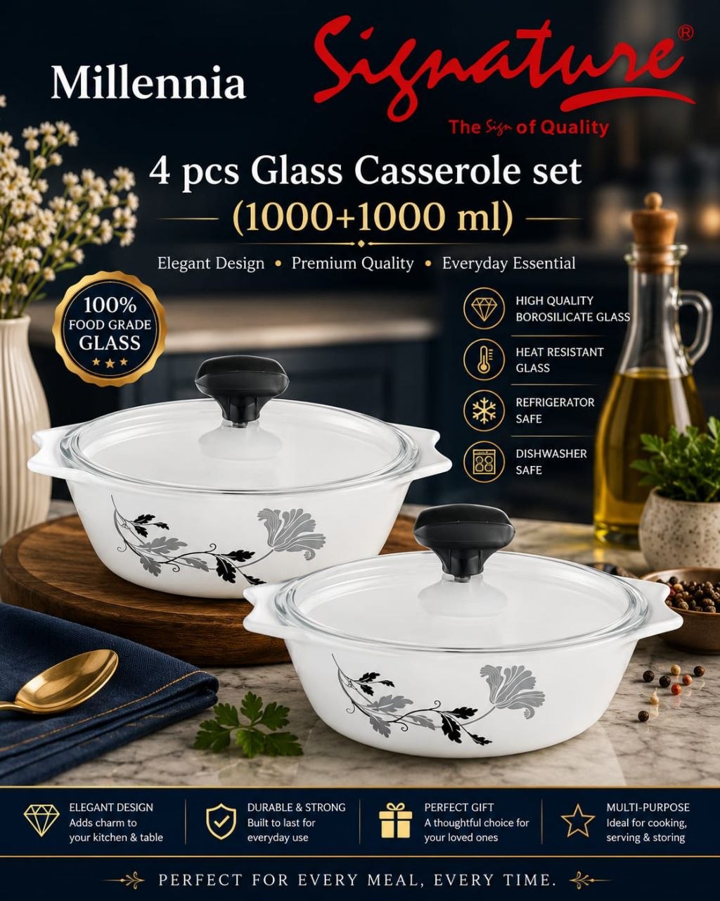 Signature 4-Piece Glass Casserole Set – 1000+1000 ml Borosilicate, Oven & Freezer Safe - Millennia