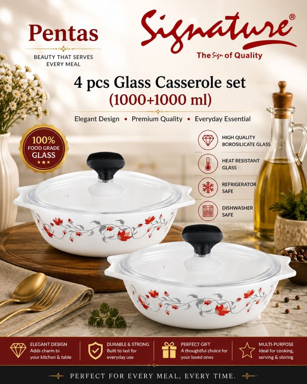 Signature 4-Piece Glass Casserole Set – 1000+1000 ml Borosilicate, Oven & Freezer Safe - Pentas