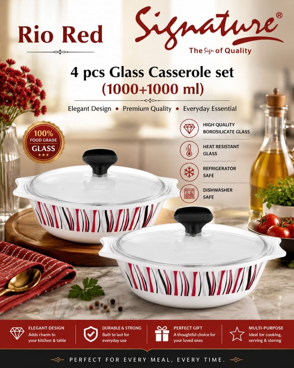 Signature 4-Piece Glass Casserole Set – 1000+1000 ml Borosilicate, Oven & Freezer Safe - Rio Red