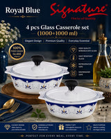 Signature 4-Piece Glass Casserole Set – 1000+1000 ml Borosilicate, Oven & Freezer Safe - Royal Blue