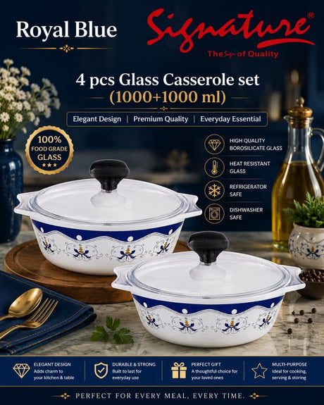 Signature 4-Piece Glass Casserole Set – 1000+1000 ml Borosilicate, Oven & Freezer Safe - Royal Blue