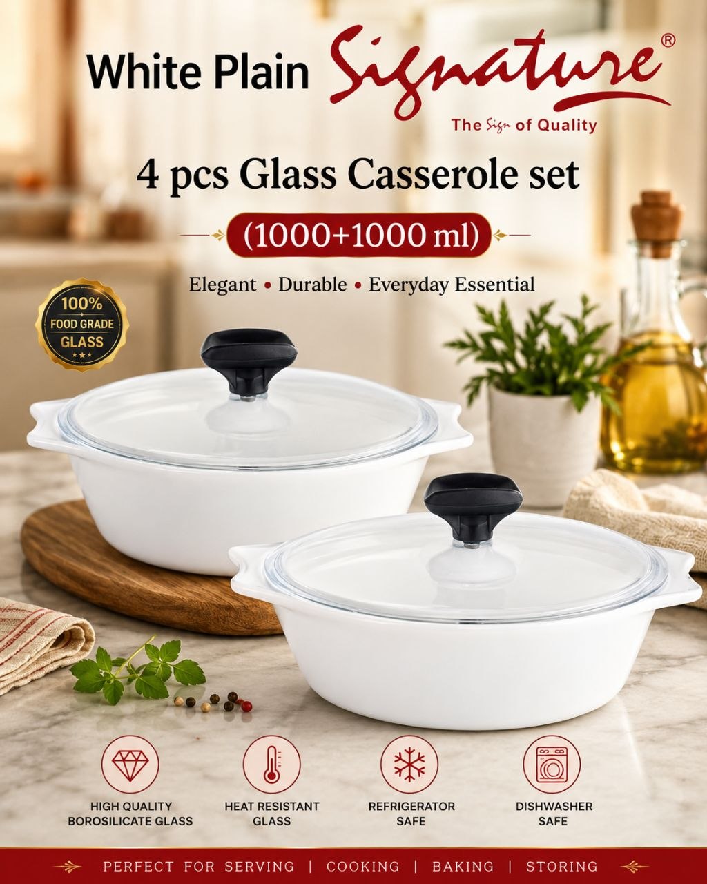 Signature 4-Piece Glass Casserole Set – 1000+1000 ml Borosilicate, Oven & Freezer Safe - White Plain