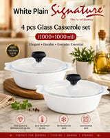 Signature 4-Piece Glass Casserole Set – 1000+1000 ml Borosilicate, Oven & Freezer Safe - White Plain