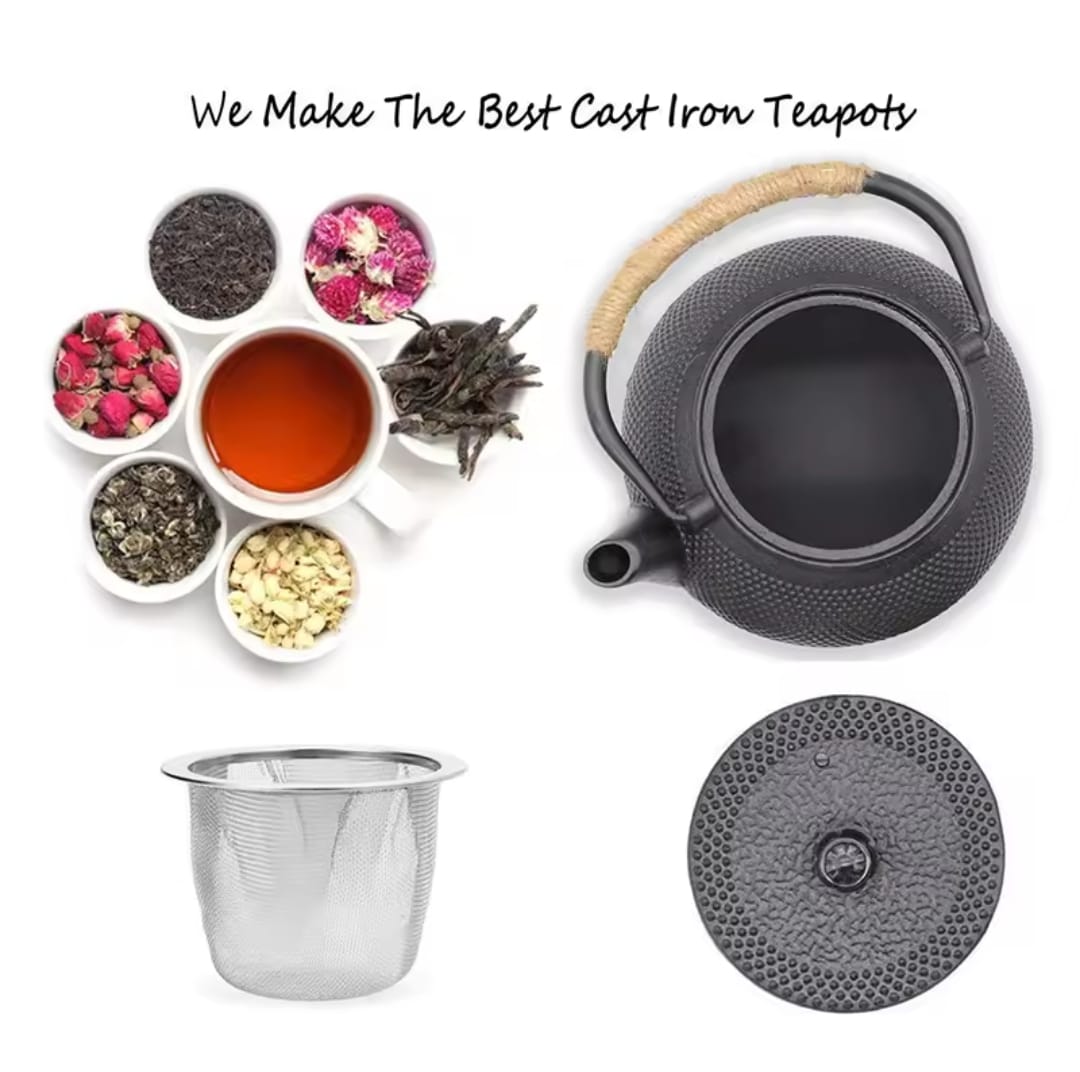 Original heavy duty cast iron tea pot with infuser, cast iron coaster and spoon