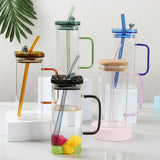Square Glass cups with lids,straws and Handle