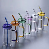 Square Glass cups with lids,straws and Handle