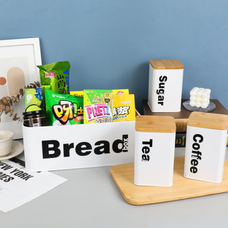 Nordic Bread Bin with 3 Canister Set – Bamboo Lid | White or Black