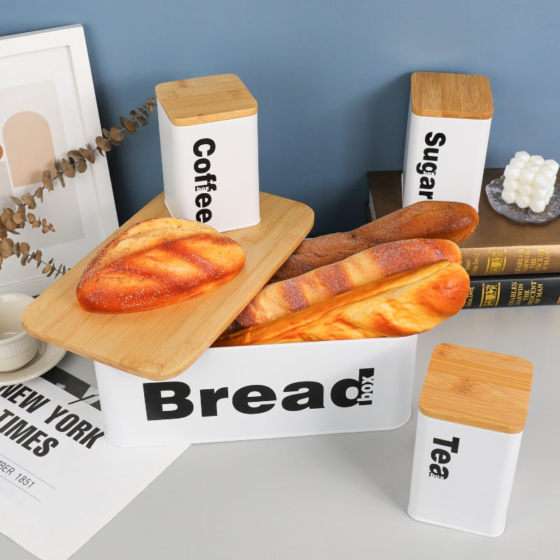 Nordic Bread Bin with 3 Canister Set – Bamboo Lid | White or Black