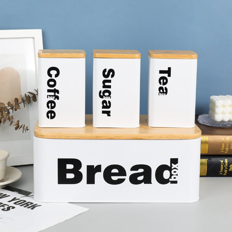 Nordic Bread Bin with 3 Canister Set – Bamboo Lid | White or Black