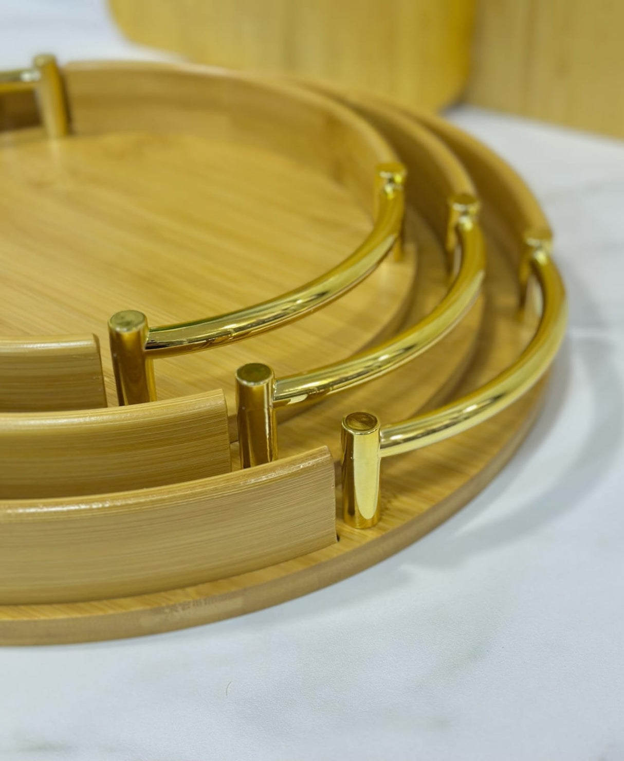 3pcs Round Bamboo Serving Tray Set with Metal Handles – Multi-Functional & Stylish