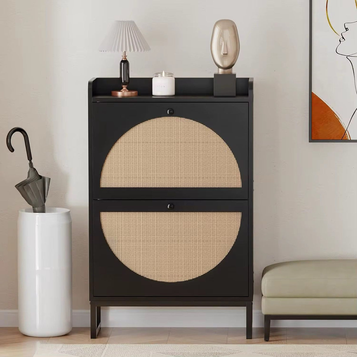 Premium Rattan Wooden Flip Shoe Organizer Cabinet rack– Black Finish