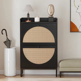 Premium Rattan Wooden Flip Shoe Organizer Cabinet rack– Black Finish