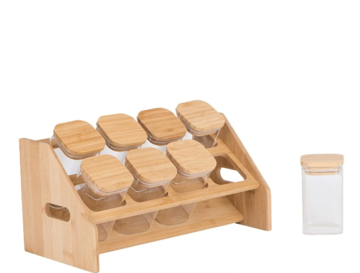 8pcs Square Borosilicate Glass Spice Jar Set – 300ml with Bamboo Lids, Rack, Labels & Pen
