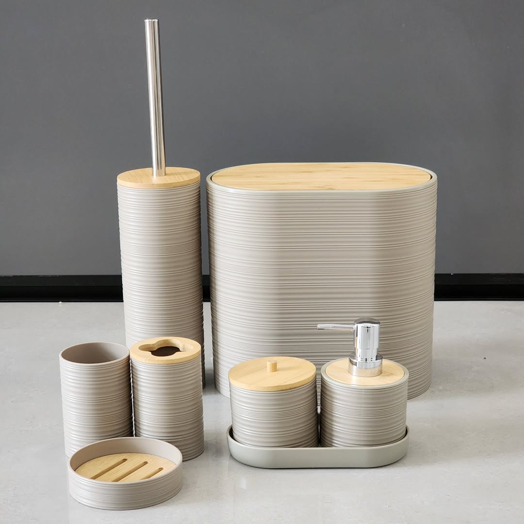 8-Piece Luxury Bamboo Plastic Bathroom Accessories Set Trash Can, Soap Dispenser, Toothbrush Holder & More