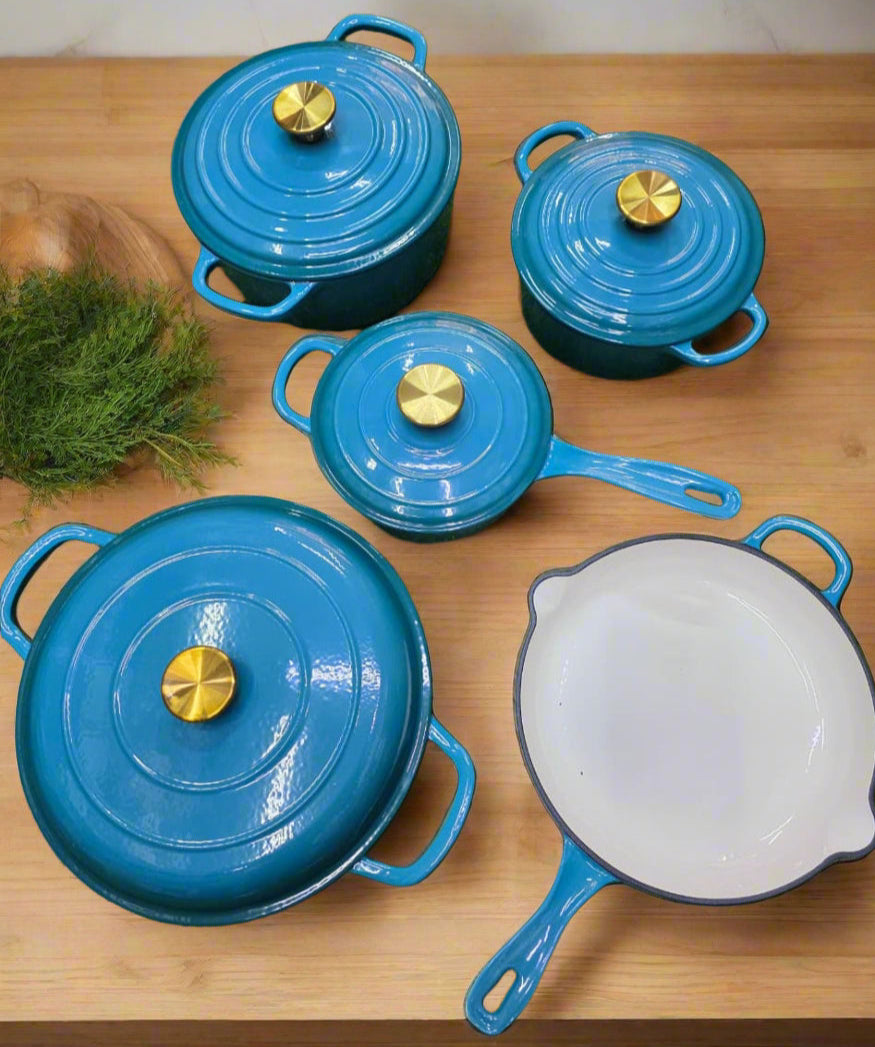 9-Piece Enamel Cast Iron Cooking Pot Set Durable Heavy Duty Cookware with Lids